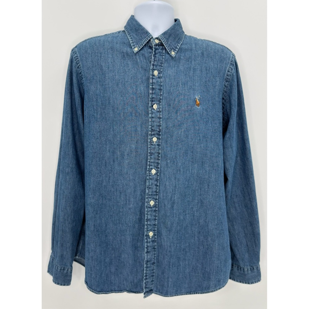 Polo Ralph Lauren Shirt Mens L Chambray Flesh Pony Button Down Blue - Picture 2 of 13